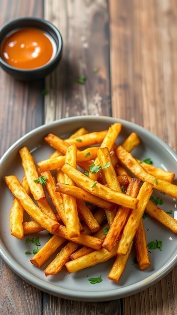 Healthy Air Fryer French Fries Recipe Crispy air fryer fries garnished with herbs on a rustic table with dipping sauce.